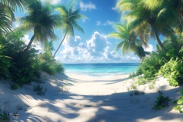 Fototapeta premium Palm Trees Framing Tropical Beach Escape Wallpaper