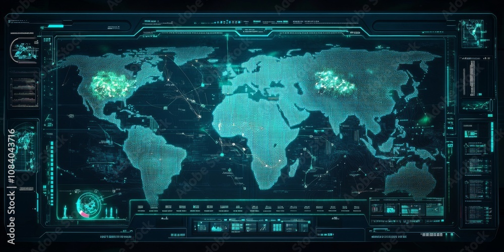 Sticker holographic interface showing trade routes connecting continents,space for text