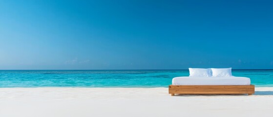 Fototapeta premium A bed sitting on top of a sandy beach next to the ocean