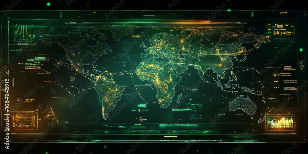 Sticker holographic interface showing trade routes connecting continents.,space for text