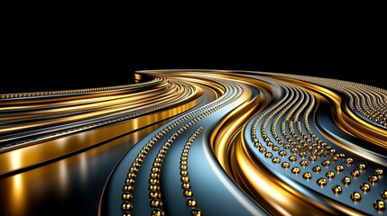 Fototapeta premium Abstract Golden and Silver Wavy Lines with Gold Spheres on Black Background