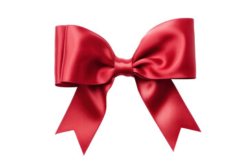 Decorative red ribbon bow with long trailing ends, suitable for adorning presents or festive displays. The fabric has a subtle sheen, giving a luxurious appearance
