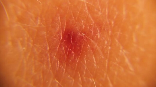 Stung by a Yellowjacket (wasp worker) after 2 minutes in the arm. After wasp sting microscope. Skin allergy, allergic. Yellow wasp, Yellow hornet stings. German, European wasp. Yellow jacket. Wasps