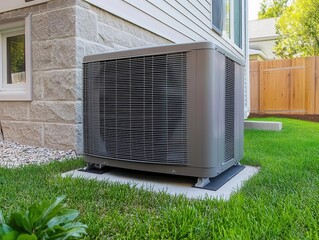 a sleek air heat pump installed beside a modern house, blending functionality with contemporary architecture, showcasing energy-efficient technology in a home setting