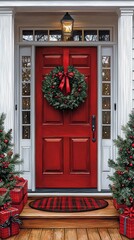 Fototapeta premium A red front door with a wreath and presents on the porch