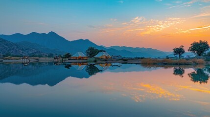 Fototapeta premium Serene sunrise over tranquil lake reflecting mountains and desert camp.