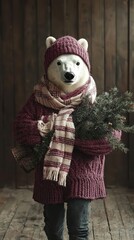 A polar bear wearing a hat and scarf holding a christmas tree