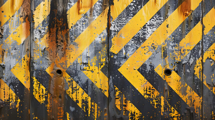 weathered industrial metal with caution stripes indicating hazard. generative ai