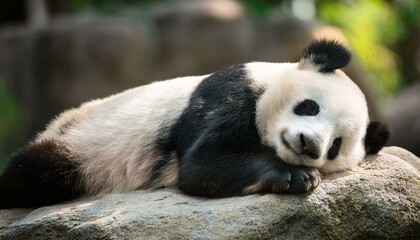 Fototapeta premium Adorable giant panda bear sleeping on rock