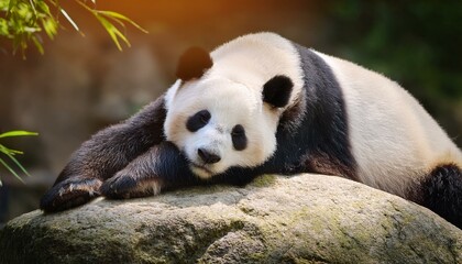 Obraz premium Adorable giant panda bear sleeping on rock