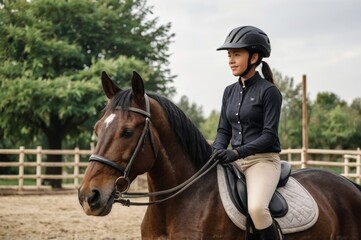 Fototapeta premium equestrian sports lesson training, young woman learning to ride a horse