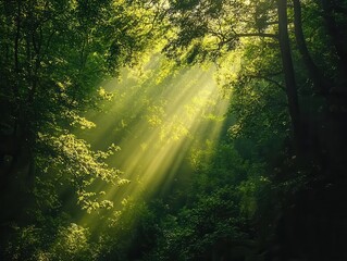 Obraz premium aerial view showcasing a lush forest canopy, sunlight filtering through leaves, creating a serene and vibrant green tapestry that highlights nature's beauty