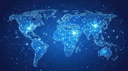 Naklejka premium Stunning Digital World Map Visualization with Bright Points of Light, Global Connections, and a Cosmic Background for Modern Technology and Innovation Themes