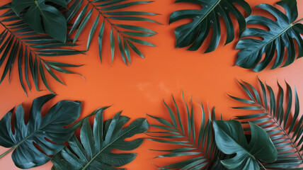 A vibrant arrangement of lush green tropical leaves on a bright orange background, creating a lively and fresh aesthetic.