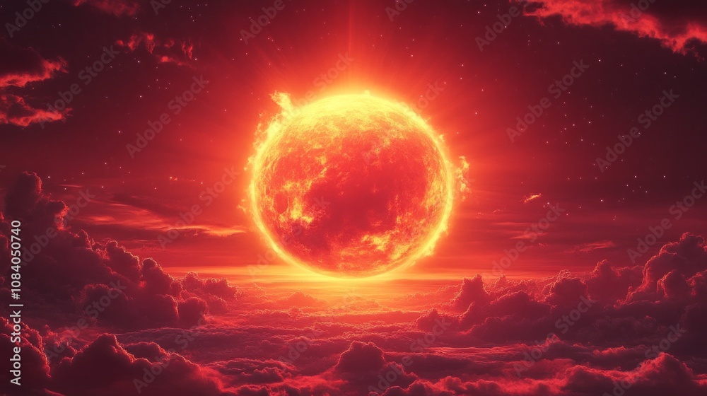 Poster a red sun is in the sky with clouds in the background