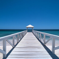 Clear blue sky, blue ocean, white sand, an old wooden pier with handrail jutting straight into the water, leading to a lookout point, low angle, shot on Hasselblad medium format, sunny, highly detaile