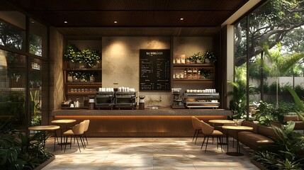 Fototapeta premium Stylish coffee shop seating area with chairs and table, modern and comfortable 3D rendering