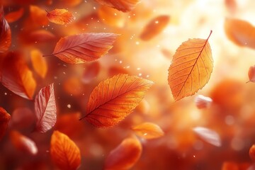 Fototapeta premium Highly detailed autumn leaves in red, orange, and yellow tones, swirling in mid-air. Each leaf shows individual veins and slight wear. Motion blur and depth of field create a sense of movement,