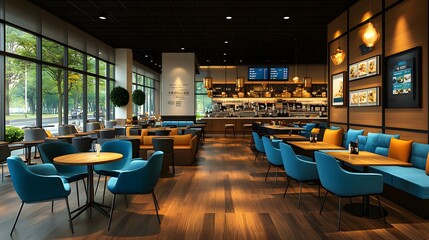 Coffee shop with stylish modern furniture, chairs and table, relaxing space 3D render