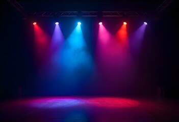 A dark stage with colorful spotlights casting a dramatic glow, creating an atmospheric and moody scene.