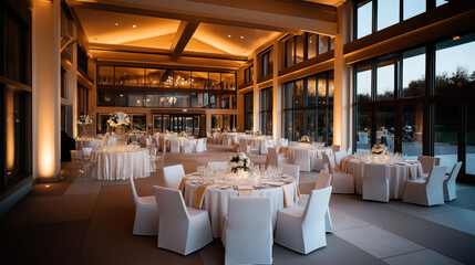 Elegant banquet hall with large windows, decorated tables with white tablecloths, candles, and floral centerpieces, warm ambient lighting, and stylish modern chairs.