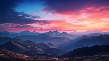 Fototapeta premium Sunset sky and mountains landscape concept background. Digital illustration. AI artwork. 