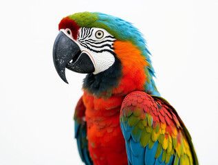Obraz premium Majestic colorful macaw parrot with vibrant, multicolored feathers, gracefully perched and isolated on a clean white background, perfect for tropical, exotic design projects and nature themes