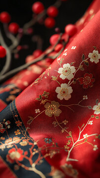 朱赤の絹地に輝く金糸の桜刺繍、白い花々と金の枝葉が織りなす伝統的な和服の意匠美、マクロレンズが捉えた着物の細やかな織りと刺繍の芸術性、紅白の梅花が映える職人技の結晶を表現した繊細な織物芸術