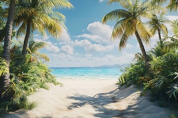 Fototapeta premium Tropical Beach Escape Palm Trees and Tranquil Waters