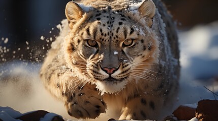 Obraz premium Dynamic view of a snow leopard running towards its prey in the snow TIME.
