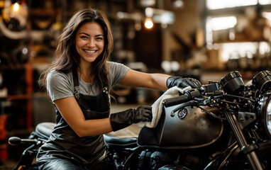 Mechanic woman cleaning fuel tank of custom motorcycle in garage