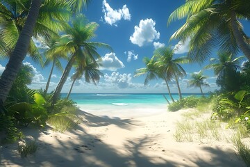 Obraz premium Tropical Beach Escape Turquoise Waters, Lush Palms & White Sand