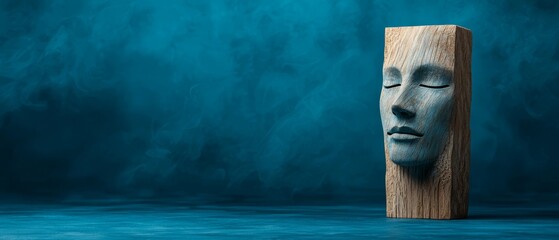  A wooden sculpture of a woman's face on a blue background