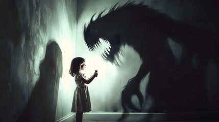 Young girl facing a towering shadow monster in a dark room