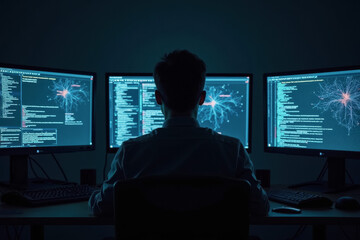 Man working with code on multiple monitors in dark room