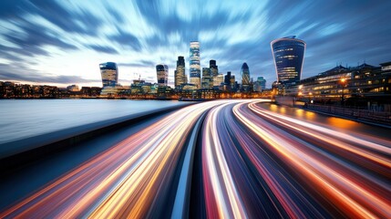 Obraz premium A long exposure photograph of city lights at night, creating light trails and streaks that capture the dynamism and energy of urban environments.