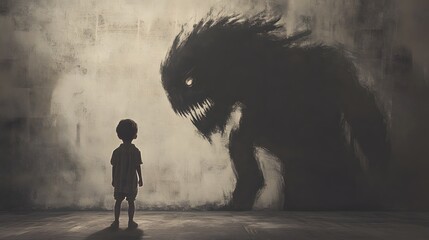 A child confronts a looming shadow monster in a dark setting