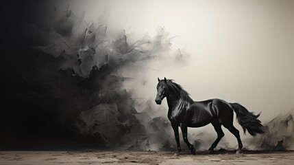 Naklejka premium Fast galloping black and white horse casting shadow while art minimalist silhouette.