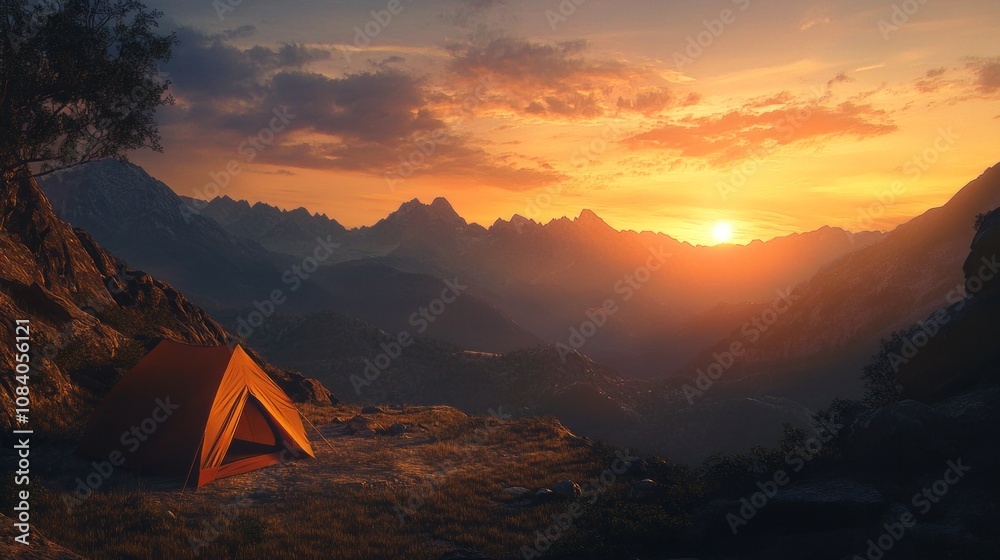 Poster a red tent is set up on a grassy hillside overlooking a mountain range