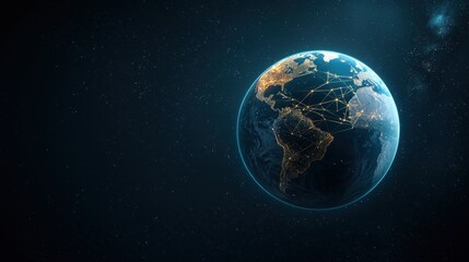 Obraz premium Planet Earth with glowing lines connecting continents, symbolizing the global reach of the internet and digital communication.