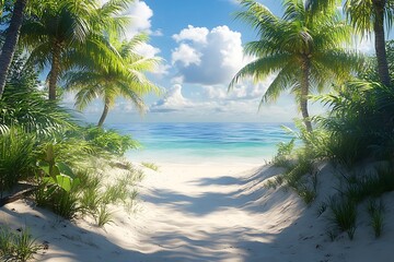 Obraz premium Tropical Beach Path Turquoise Water, Palm Trees, and Clouds
