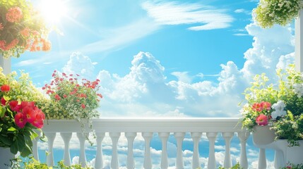 Obraz premium Bright and Lively Balcony Garden with Colorful Flowers Under a Clear Blue Sky and Fluffy White Clouds, Perfect for Summer Serenity and Outdoor Relaxation