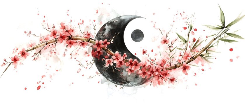 Blossoming cherry blossoms around a yin yang symbol with bamboo