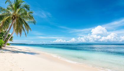 Fototapeta premium A beach with white sand, palm trees and a clear blue sky