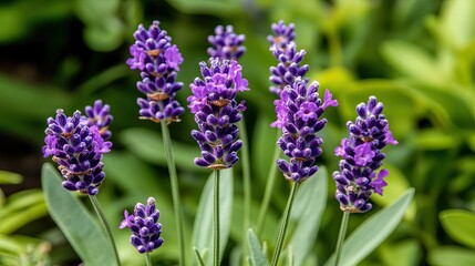 Fototapeta premium Stunning Close-Up of Vibrant Lavender Flowers Blossoming Amidst Lush Green Foliage, Perfect for Illustrating Nature's Beauty and Serenity in Stock Photography