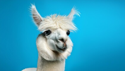 Obraz premium Funny white alpaca on blue background