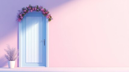 A pastel-colored door adorned with flowers, set against a soft pink wall.