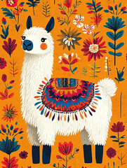 Obraz premium Colorful mexican fabric graphic design. The theme is a minimalist alpaca
