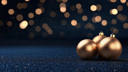 Elegant golden ornaments with soft bokeh lights for festive holiday ambiance.