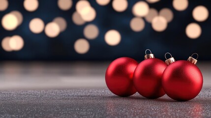 Three red Christmas ornaments shining against a blurred, festive background.
